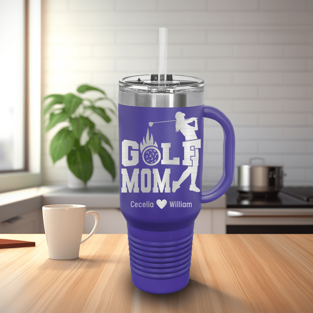 Purple Golf Mom Travel Mug With Handle With On Fire Golf Mom Design