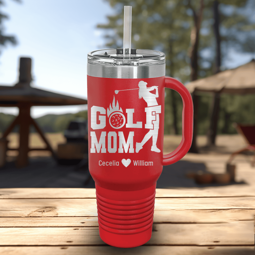 Red Golf Mom Travel Mug With Handle With On Fire Golf Mom Design