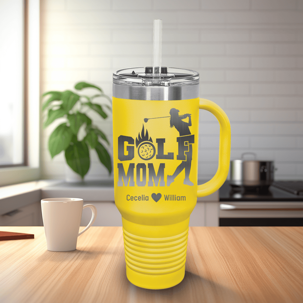 Yellow Golf Mom Travel Mug With Handle With On Fire Golf Mom Design