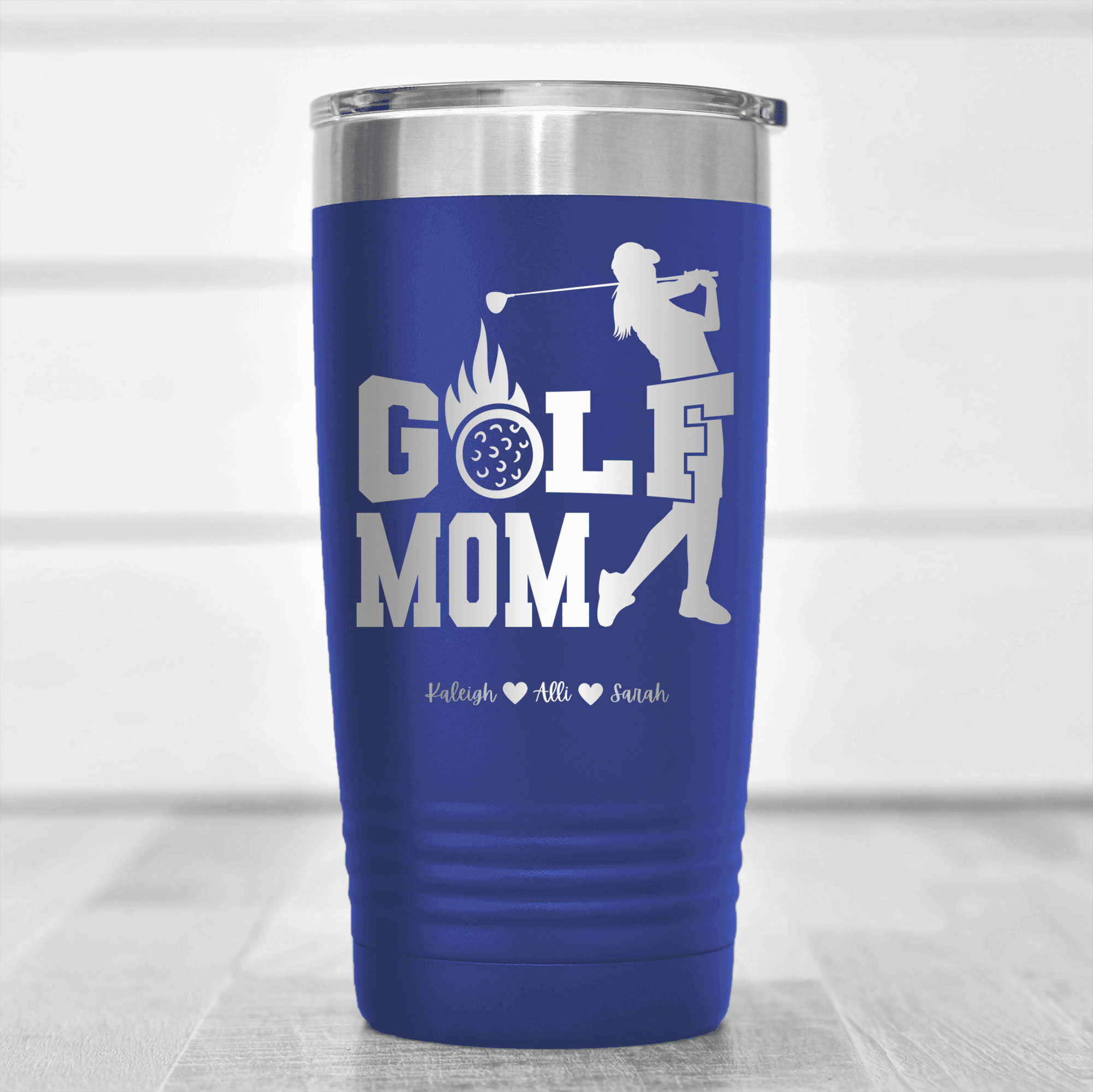 Blue Golf Mom Tumbler With On Fire Golf Mom Design