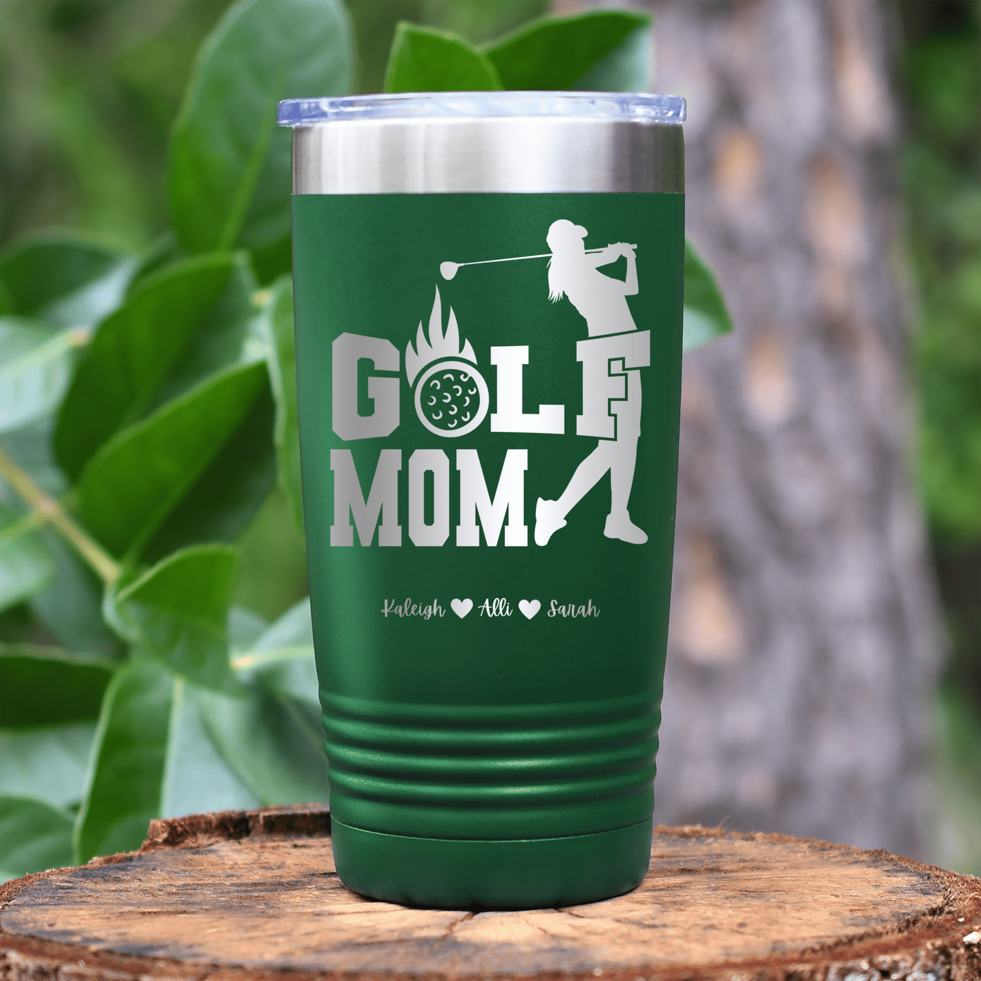 Green Golf Mom Tumbler With On Fire Golf Mom Design