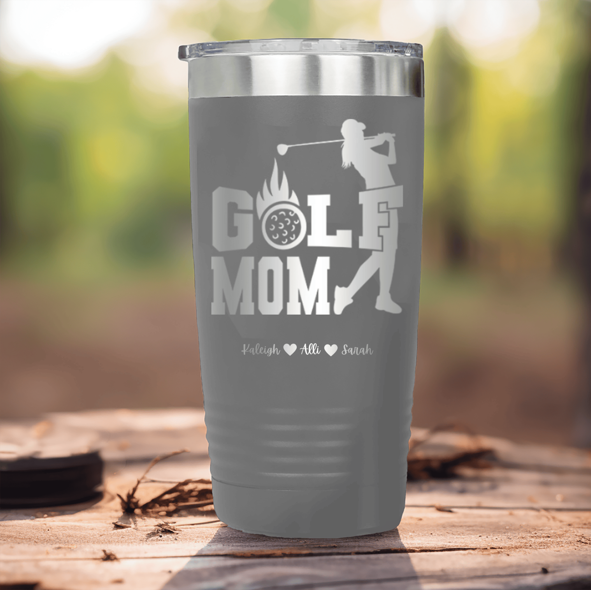 Grey Golf Mom Tumbler With On Fire Golf Mom Design