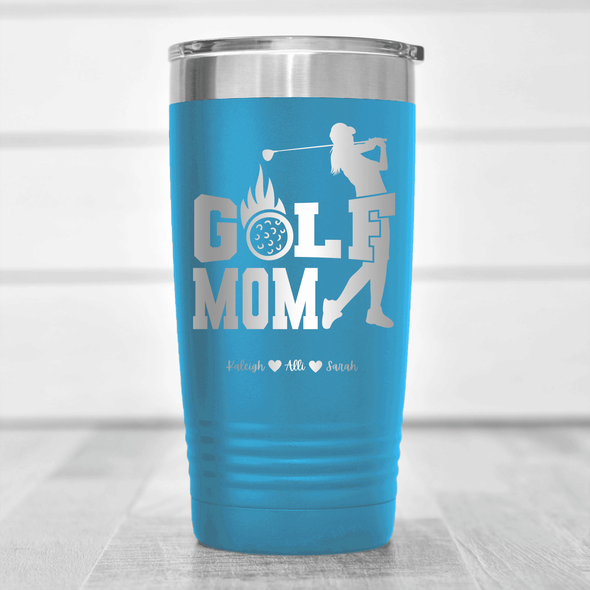 Light Blue Golf Mom Tumbler With On Fire Golf Mom Design