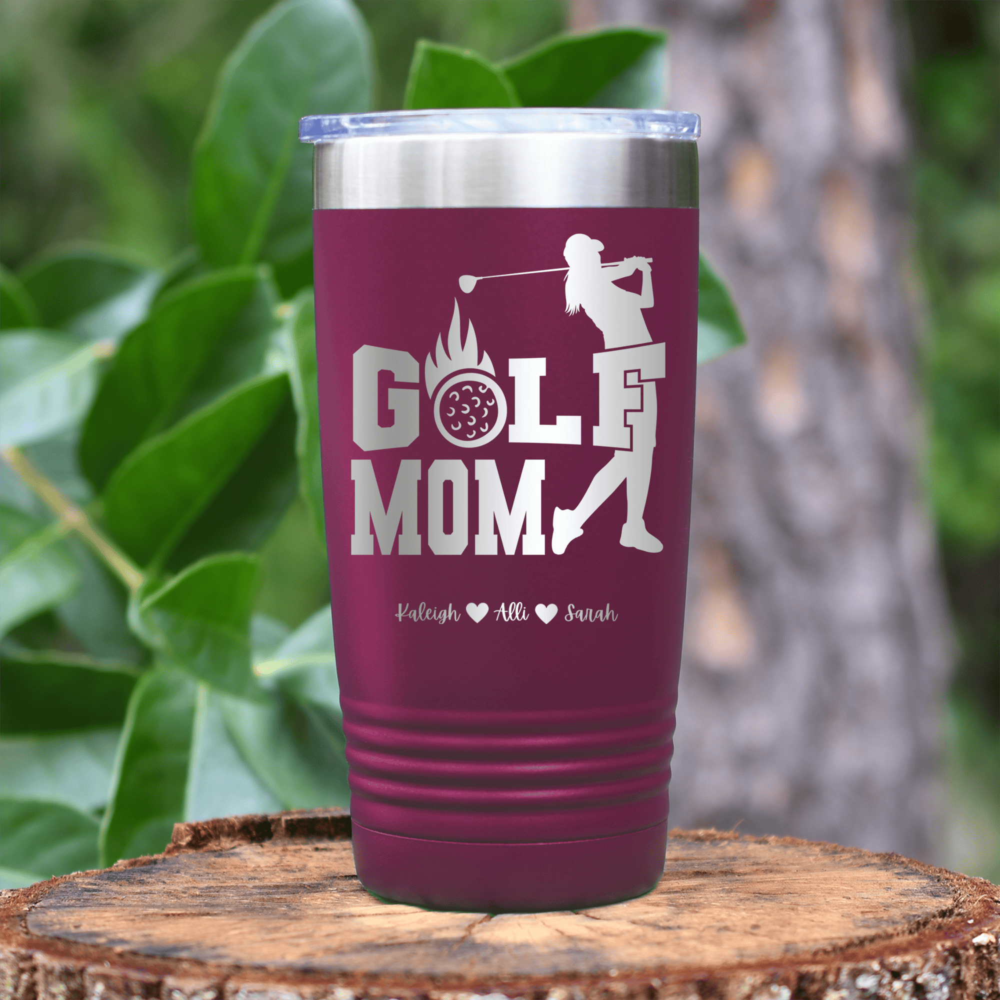 Maroon Golf Mom Tumbler With On Fire Golf Mom Design