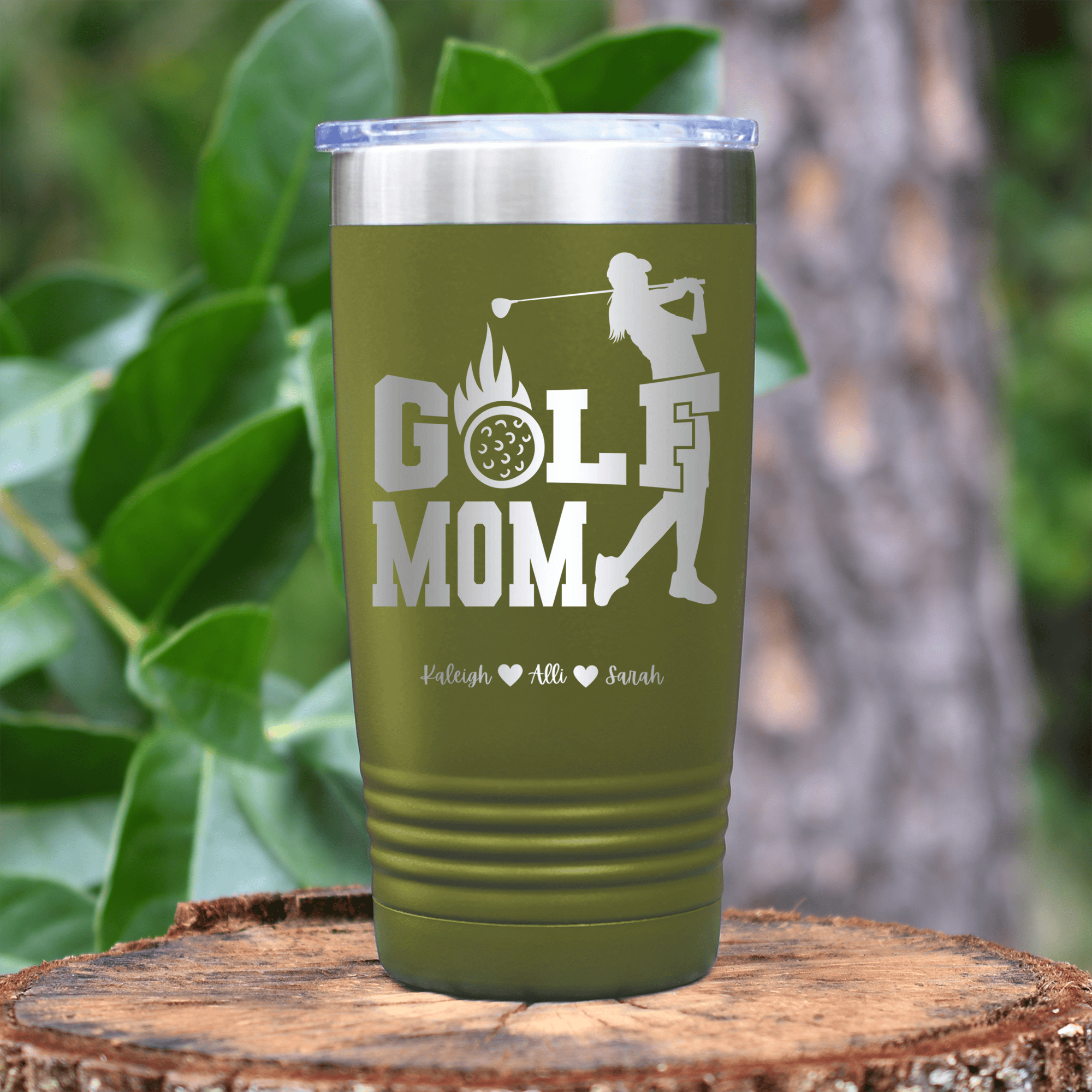 Military Green Golf Mom Tumbler With On Fire Golf Mom Design