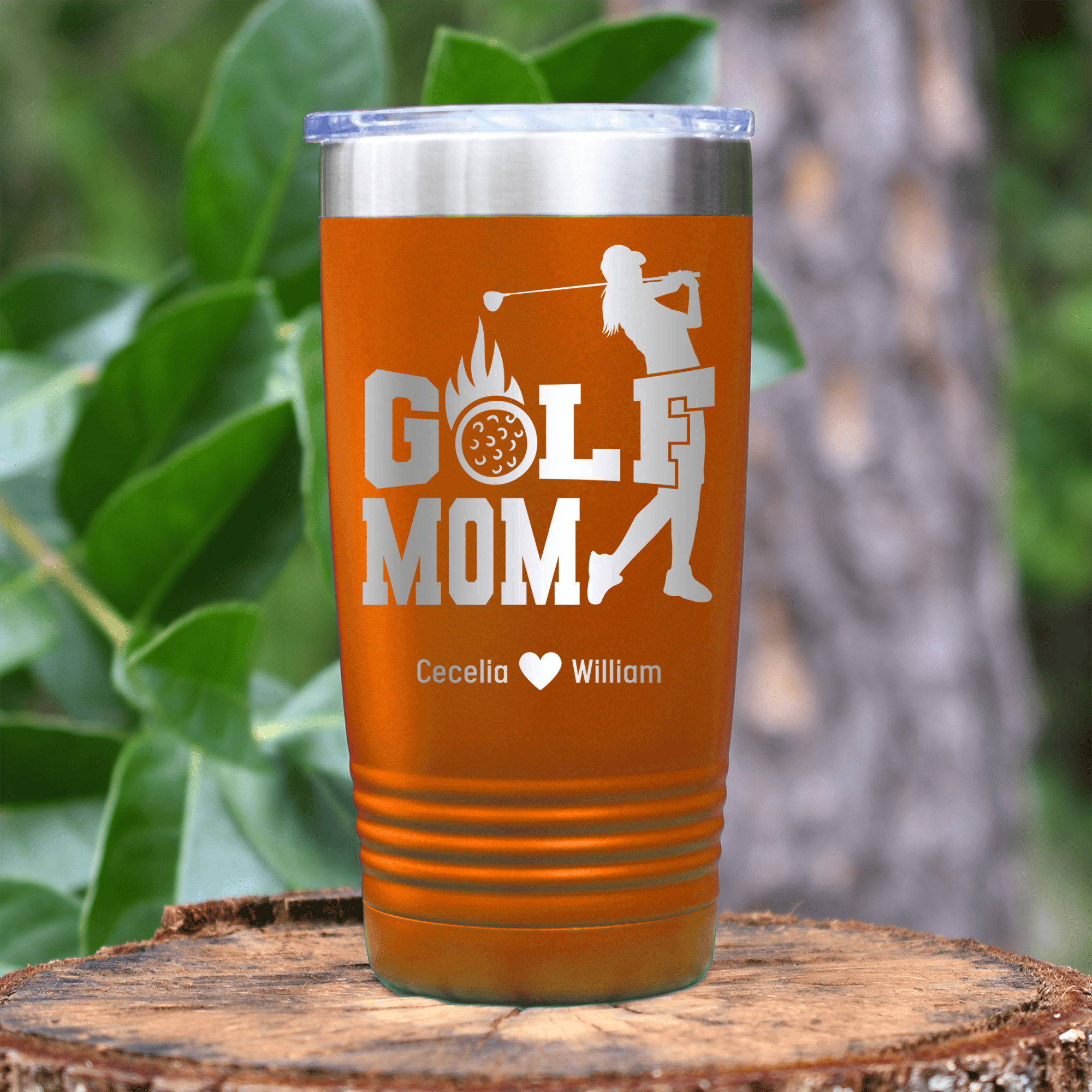 Orange Golf Mom Tumbler With On Fire Golf Mom Design