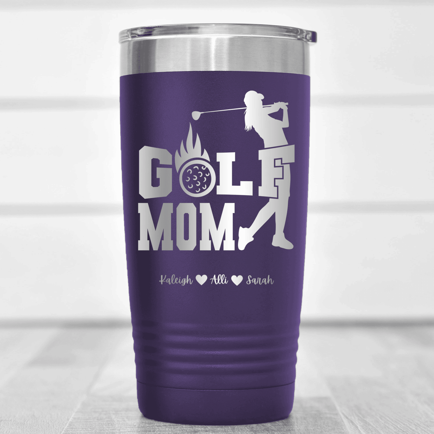 Purple Golf Mom Tumbler With On Fire Golf Mom Design