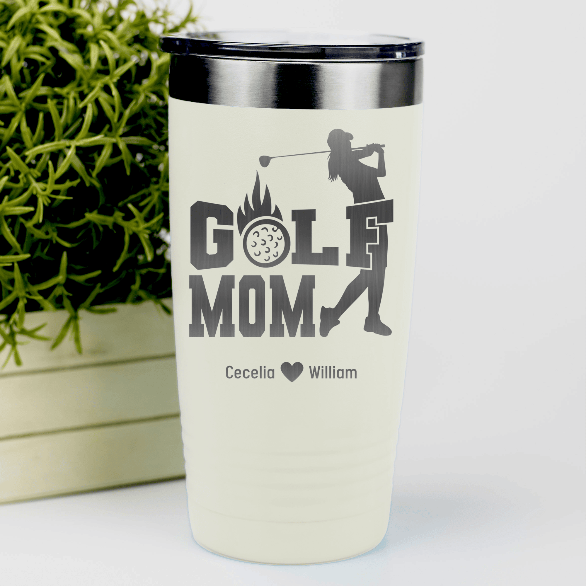 White Golf Mom Tumbler With On Fire Golf Mom Design