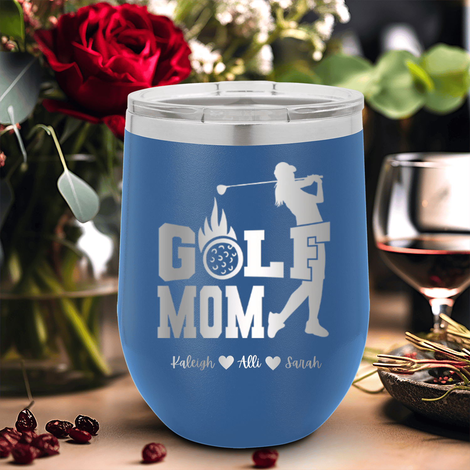 Blue Golf Mom Wine Tumbler With On Fire Golf Mom Design