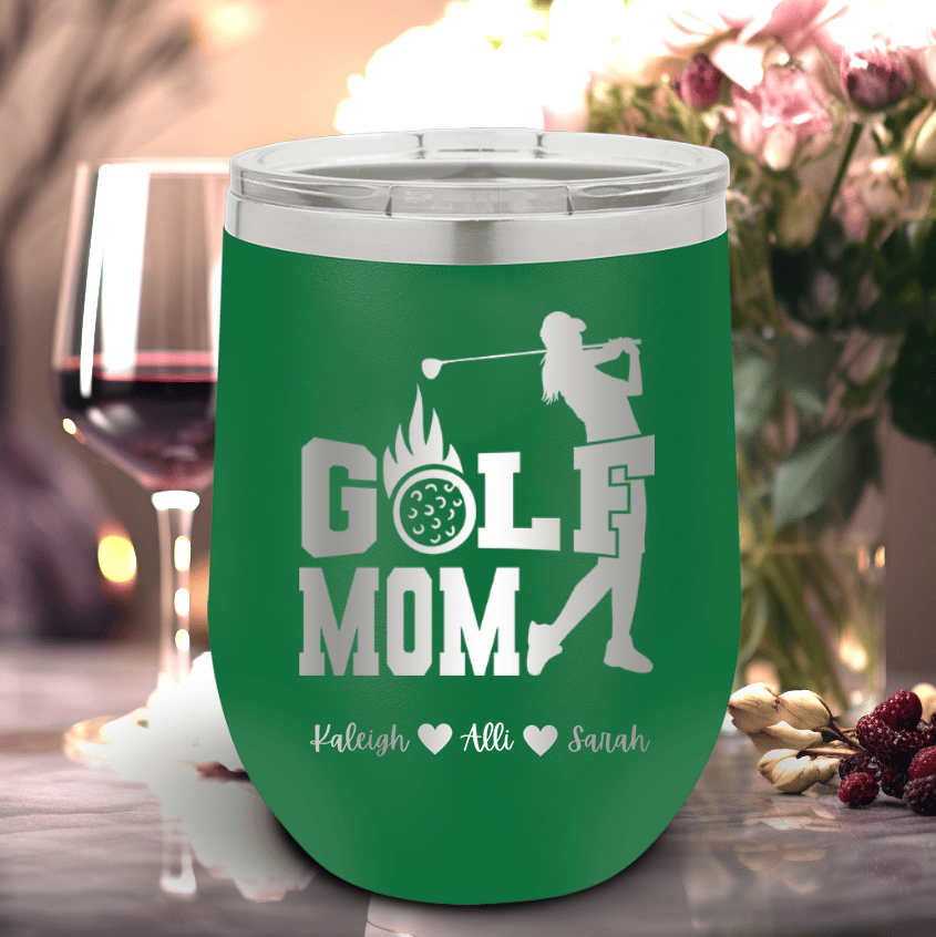 Green Golf Mom Wine Tumbler With On Fire Golf Mom Design