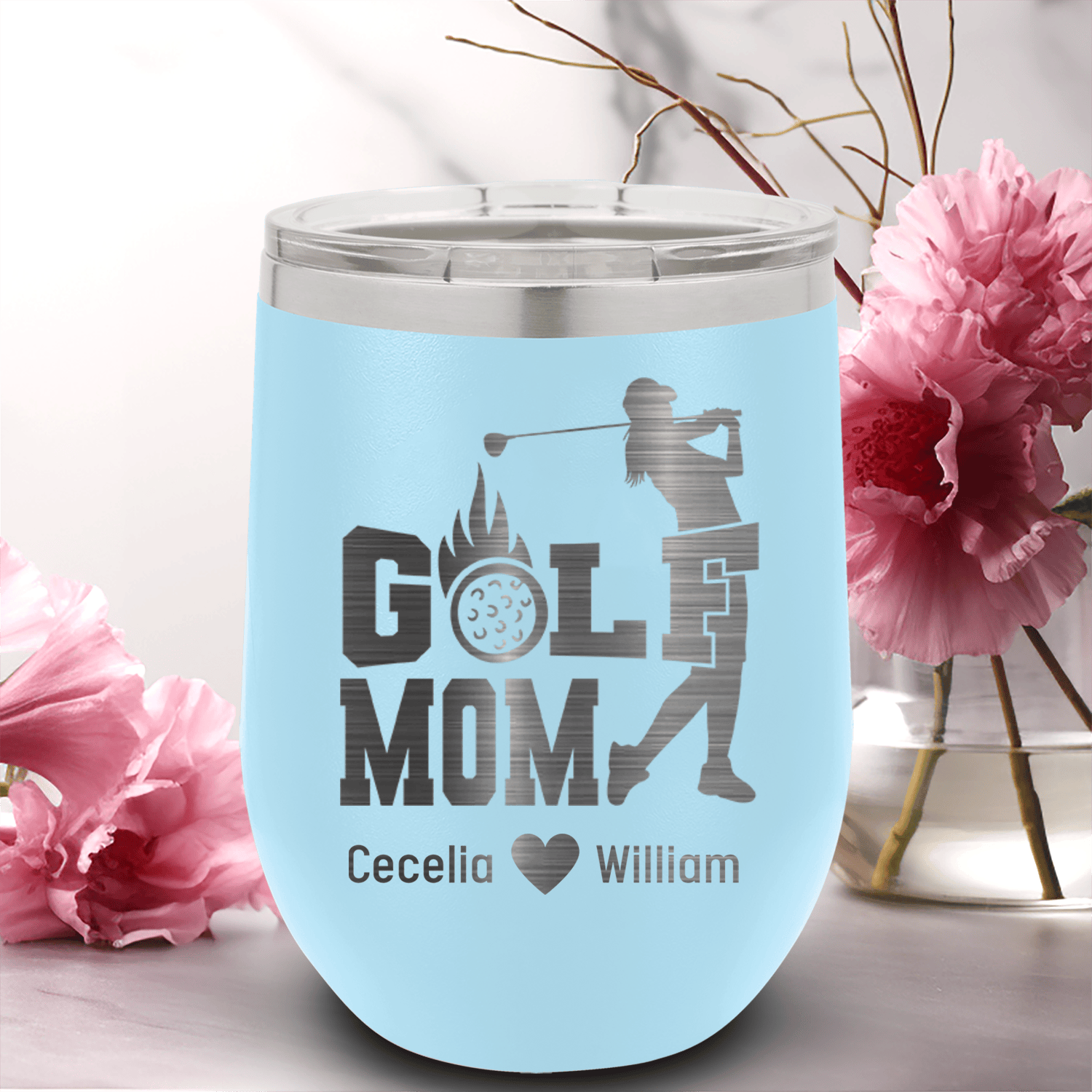 Light Blue Golf Mom Wine Tumbler With On Fire Golf Mom Design