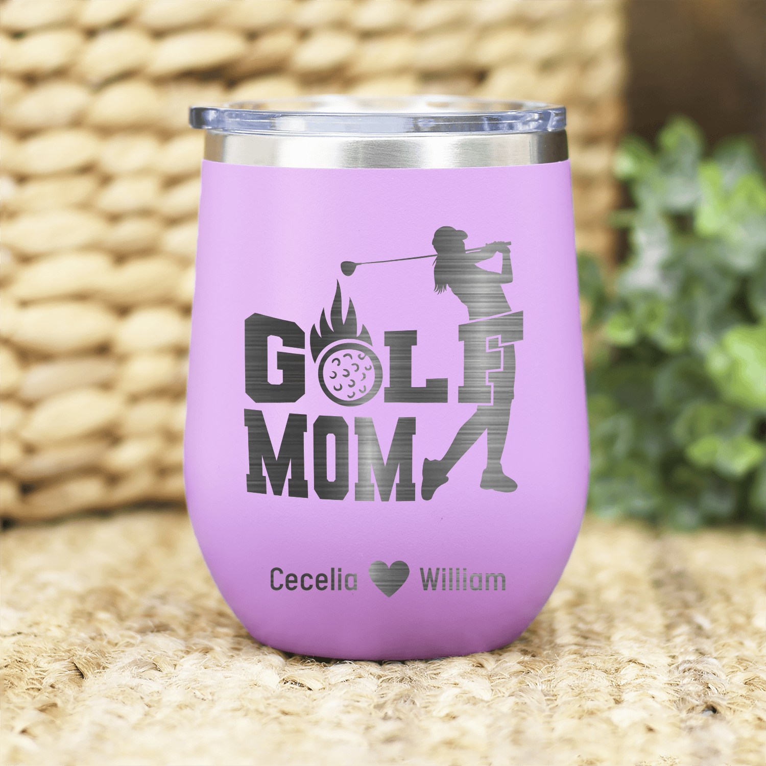 Light Purple Golf Mom Wine Tumbler With On Fire Golf Mom Design