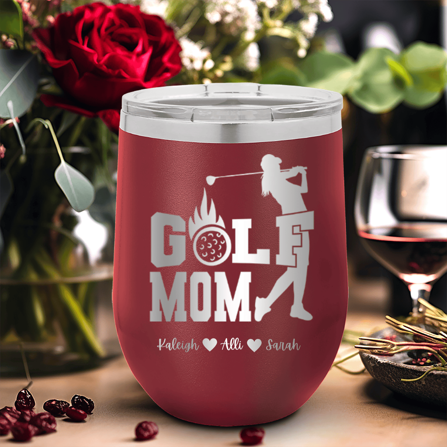 Maroon Golf Mom Wine Tumbler With On Fire Golf Mom Design