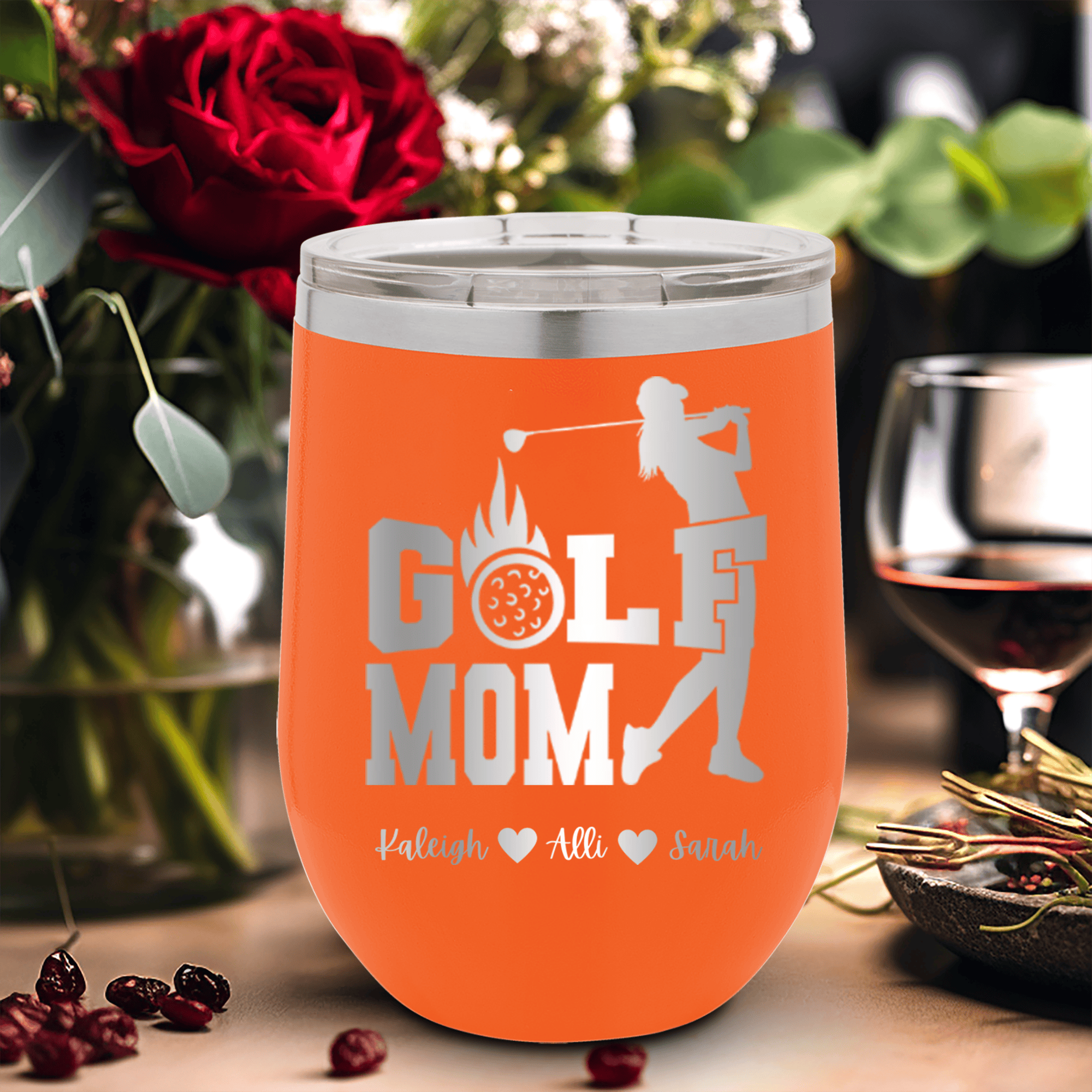 Orange Golf Mom Wine Tumbler With On Fire Golf Mom Design