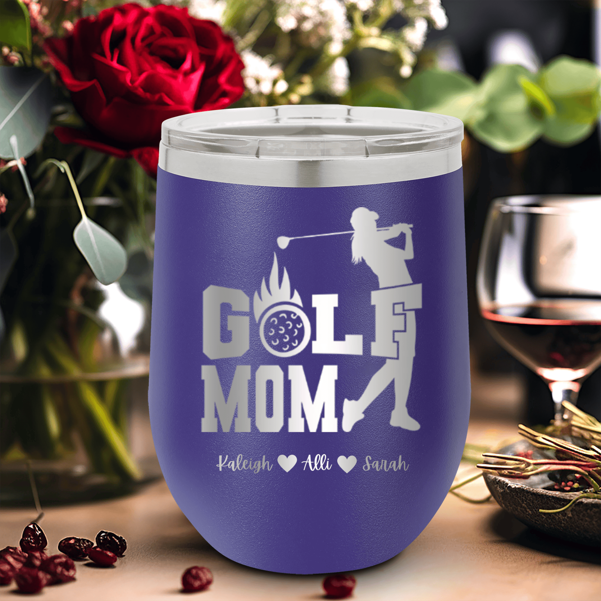 Purple Golf Mom Wine Tumbler With On Fire Golf Mom Design