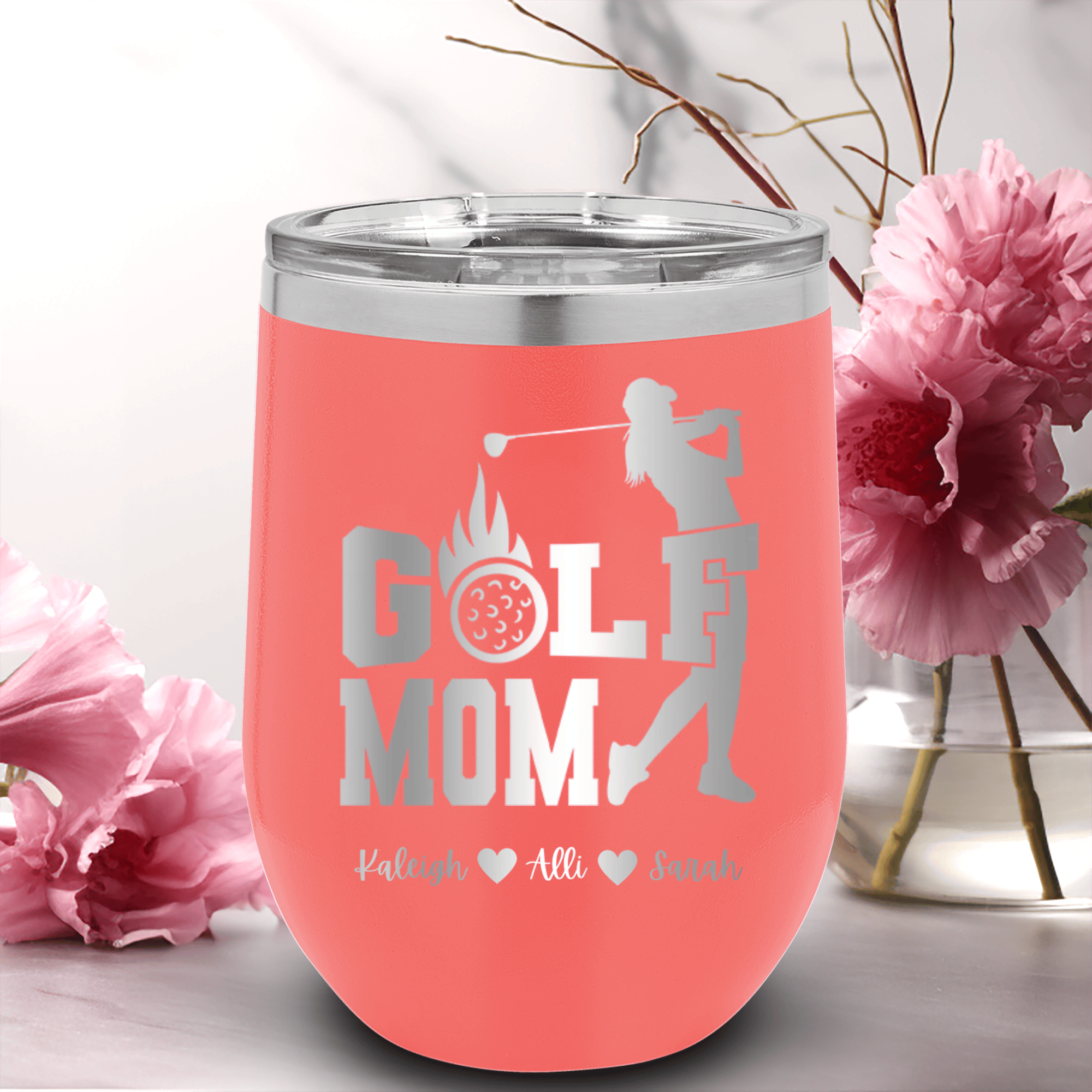 Salmon Golf Mom Wine Tumbler With On Fire Golf Mom Design