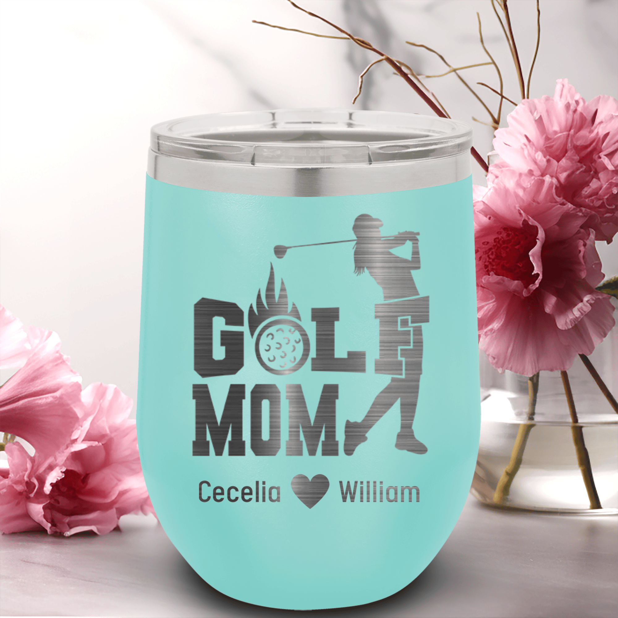 Teal Golf Mom Wine Tumbler With On Fire Golf Mom Design