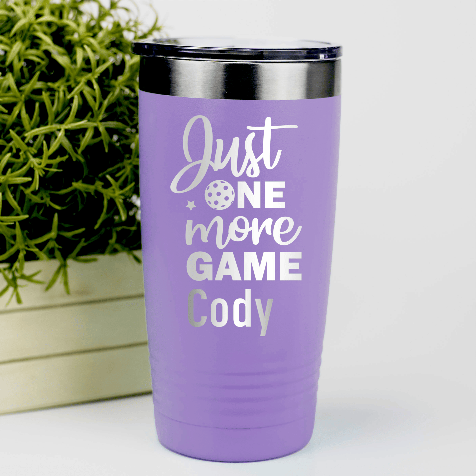 Light Purple Pickleball Tumbler With One More Pickle Design