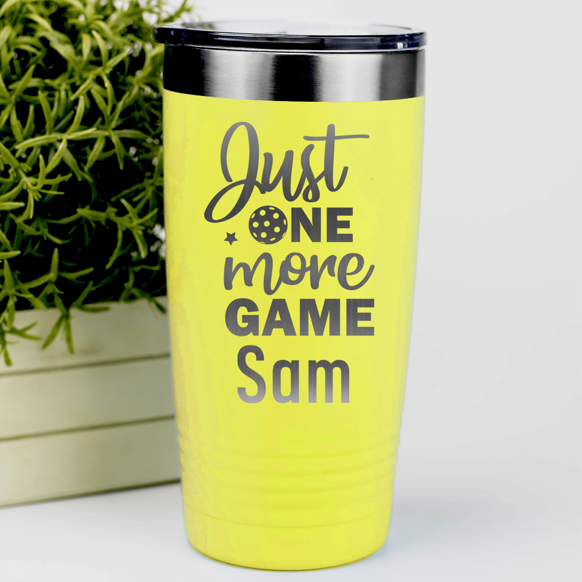 Yellow Pickleball Tumbler With One More Pickle Design