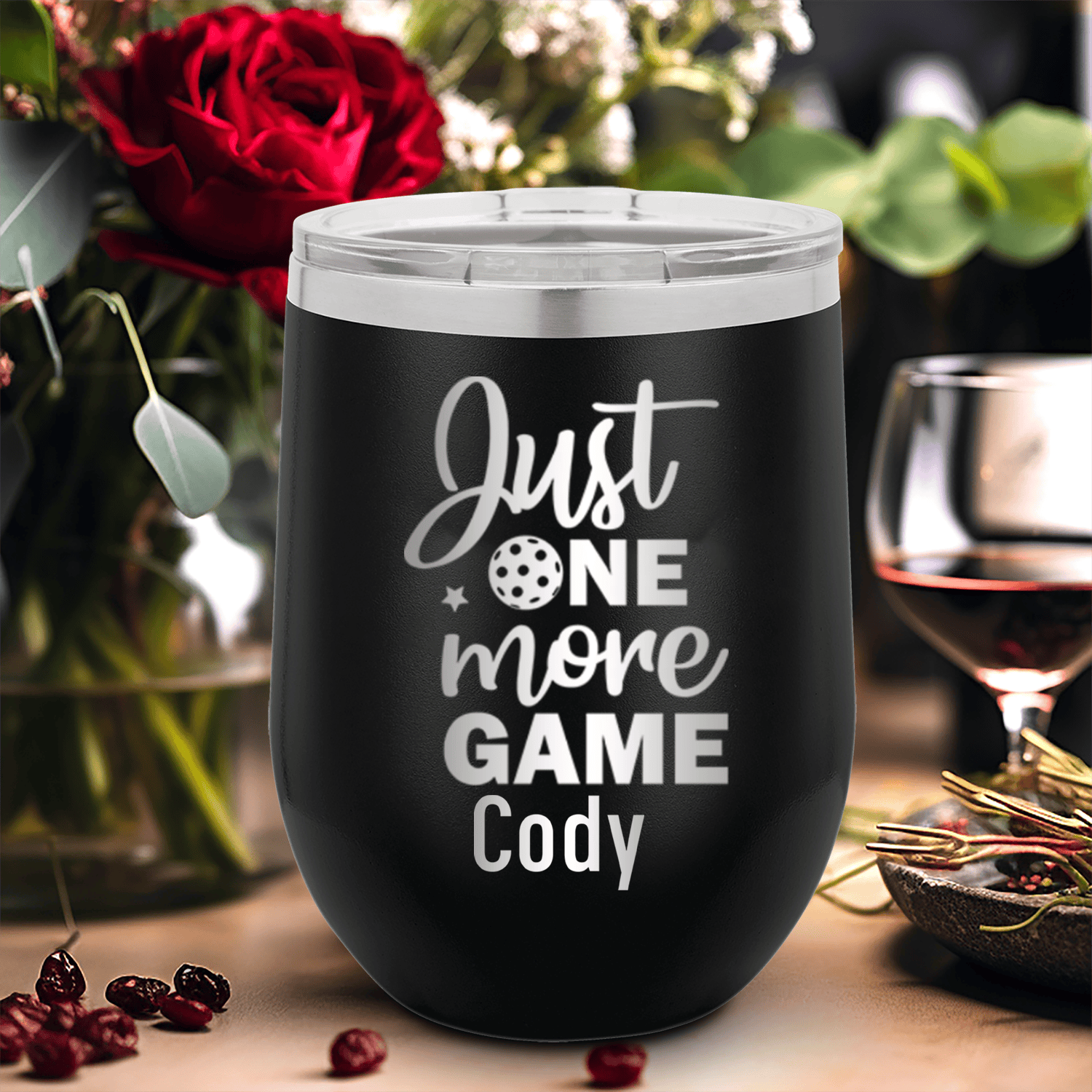 Black Pickleball Wine Tumbler With One More Pickle Design