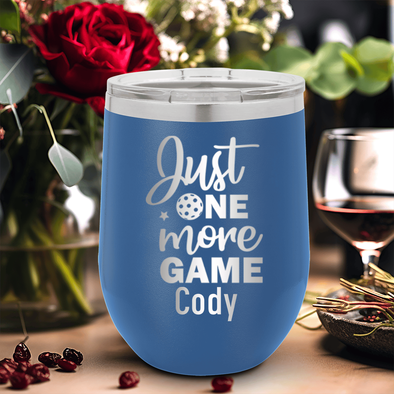 Blue Pickleball Wine Tumbler With One More Pickle Design