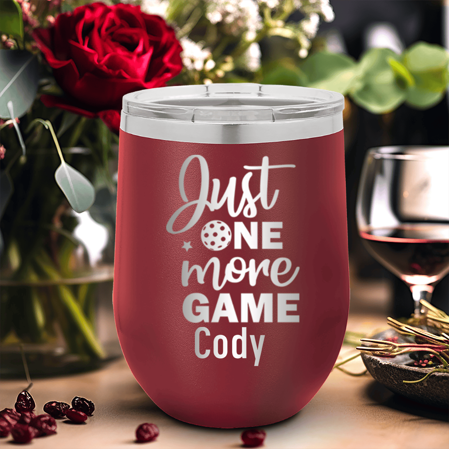 Maroon Pickleball Wine Tumbler With One More Pickle Design