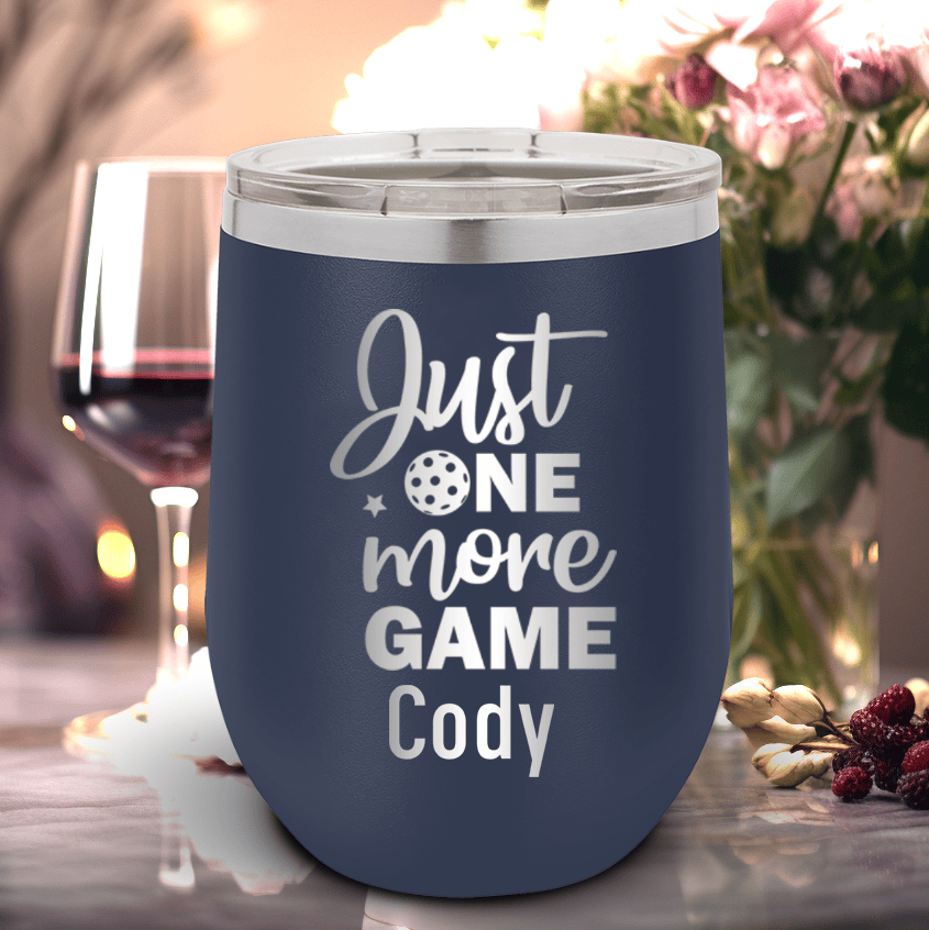 Navy Pickleball Wine Tumbler With One More Pickle Design