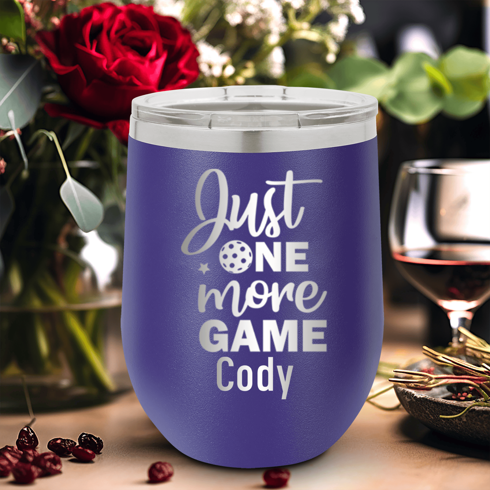 Purple Pickleball Wine Tumbler With One More Pickle Design