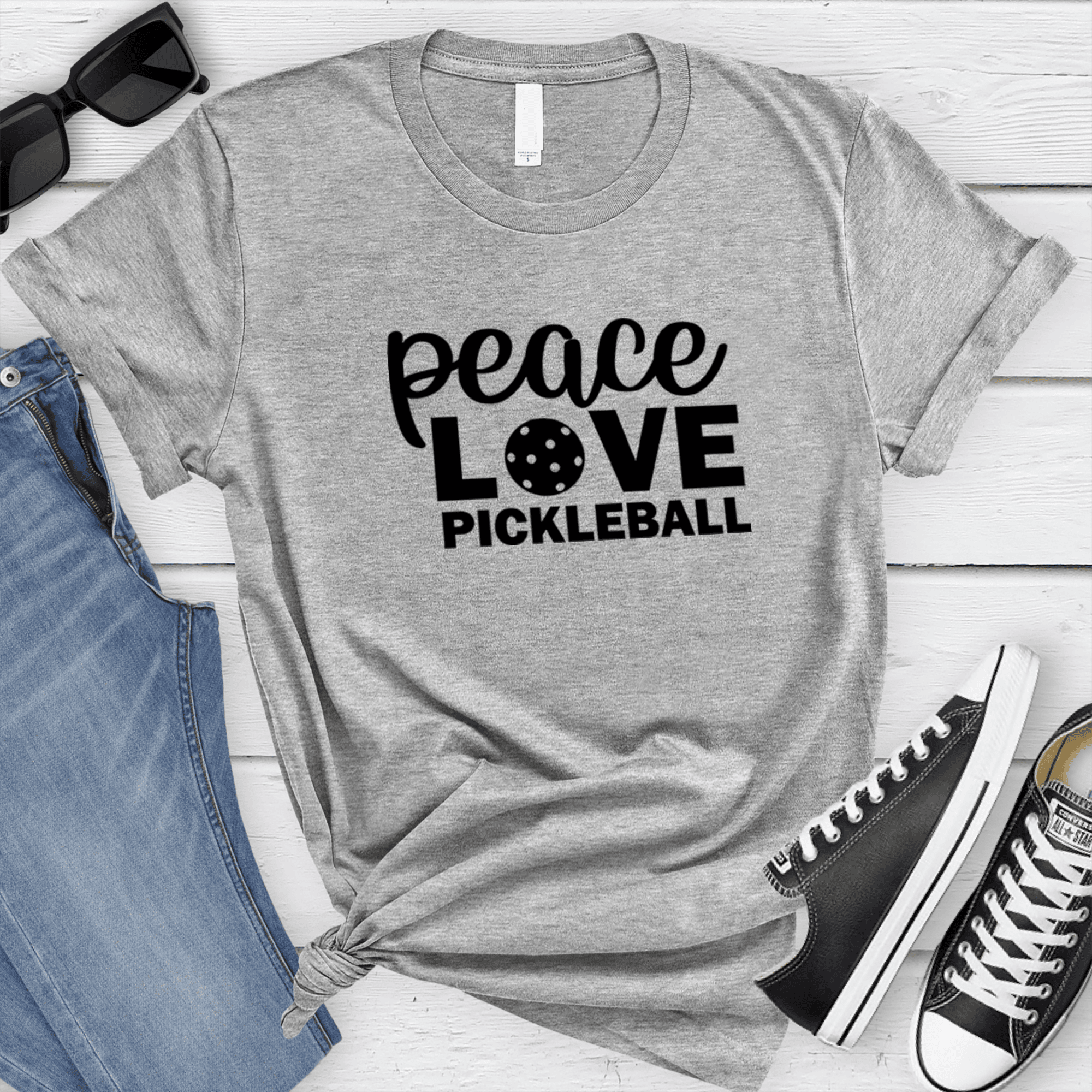 Womens Grey T Shirt with Peace-Love-Pickleball design