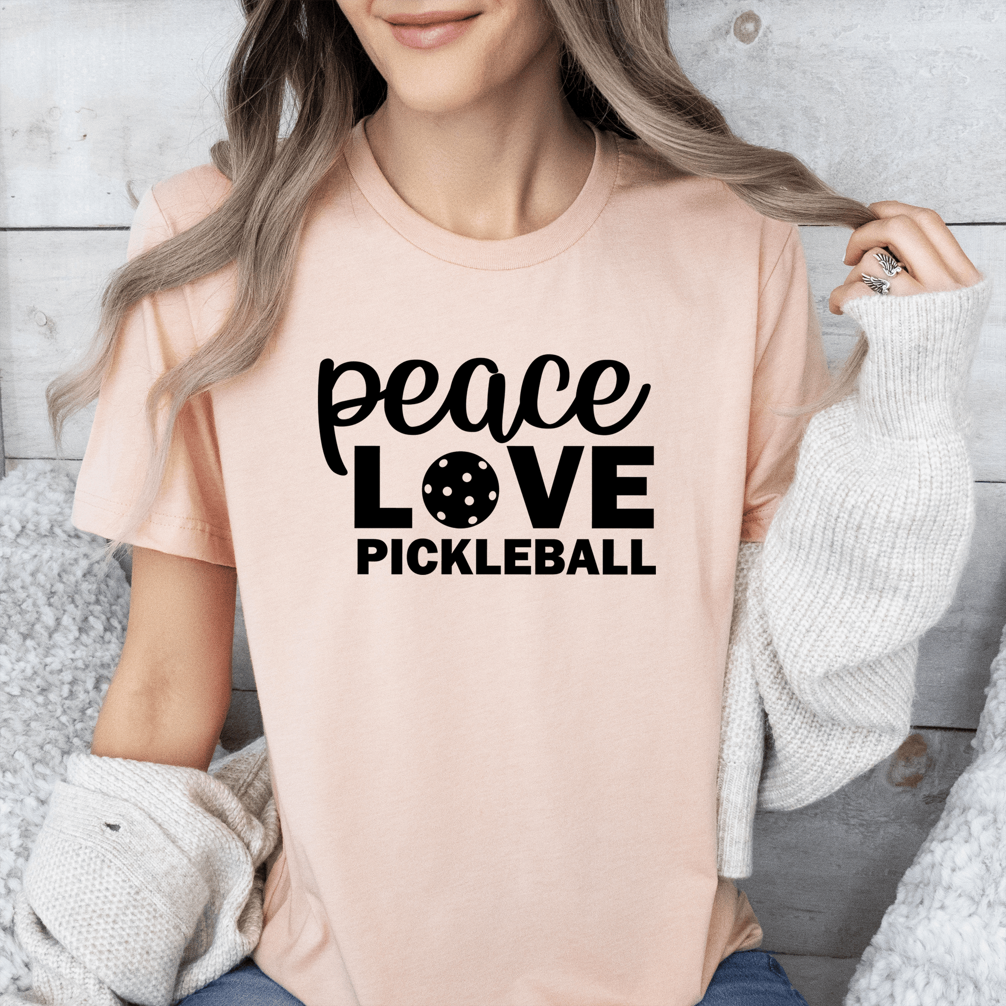 Womens Heather Peach T Shirt with Peace-Love-Pickleball design