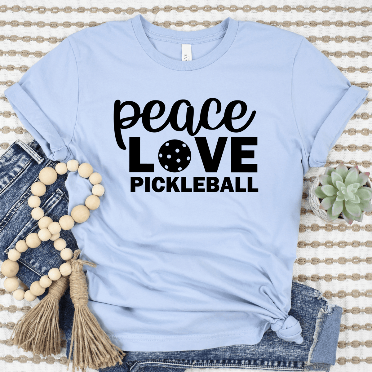 Womens Light Blue T Shirt with Peace-Love-Pickleball design