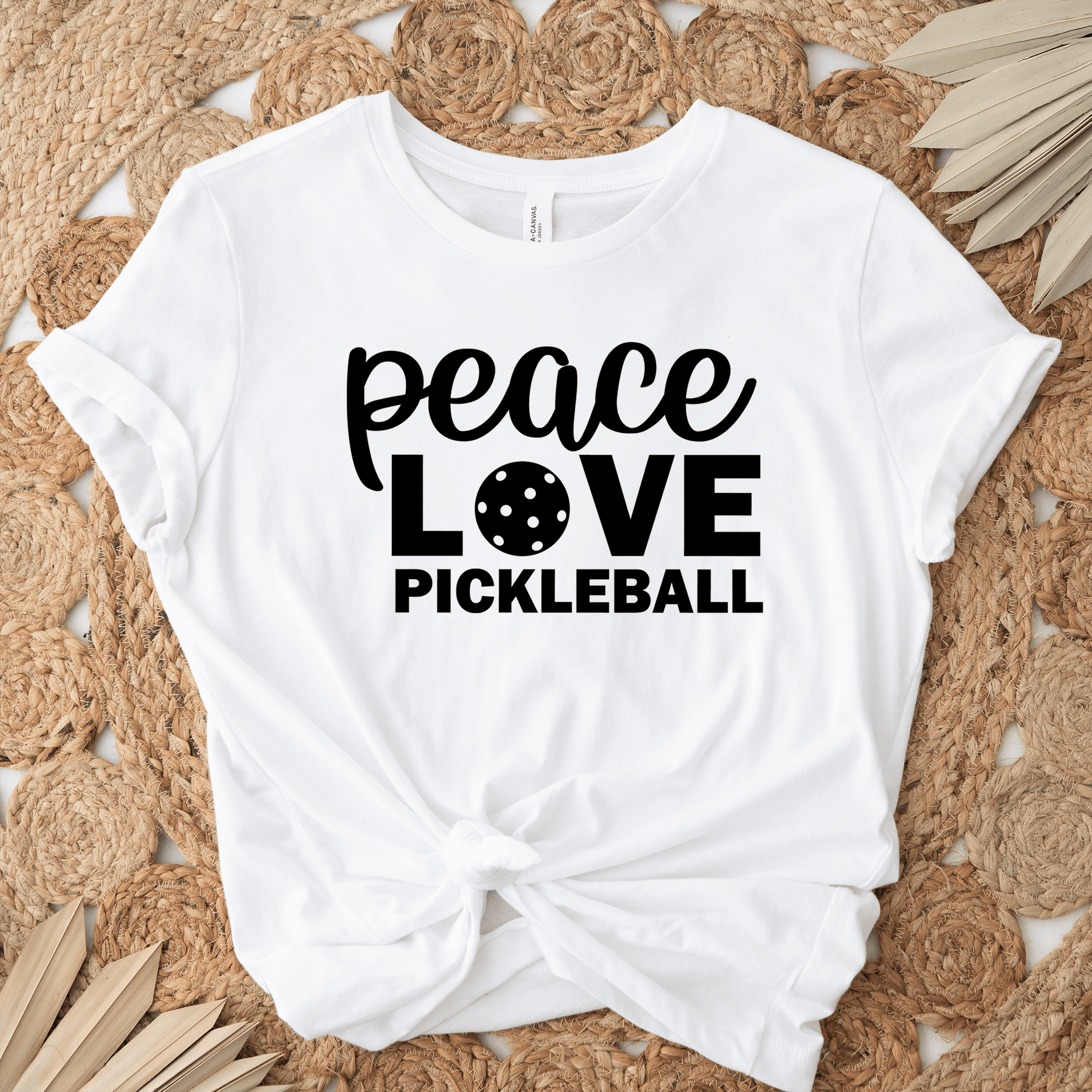 Womens White T Shirt with Peace-Love-Pickleball design