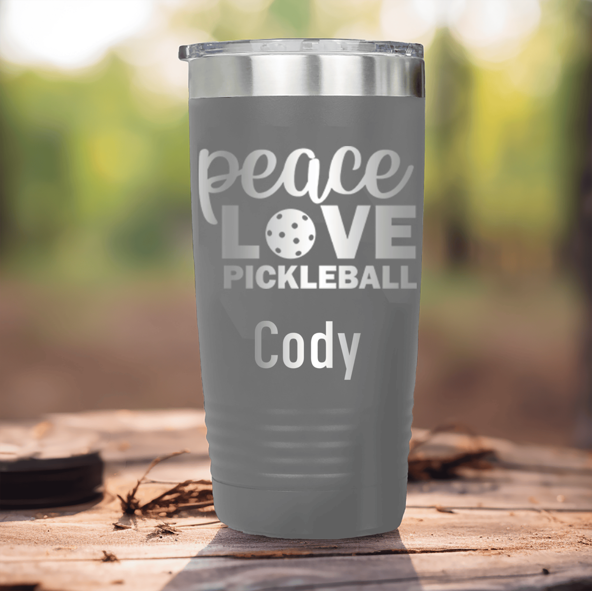 Grey Pickleball Tumbler With Peace Love Pickleball Design