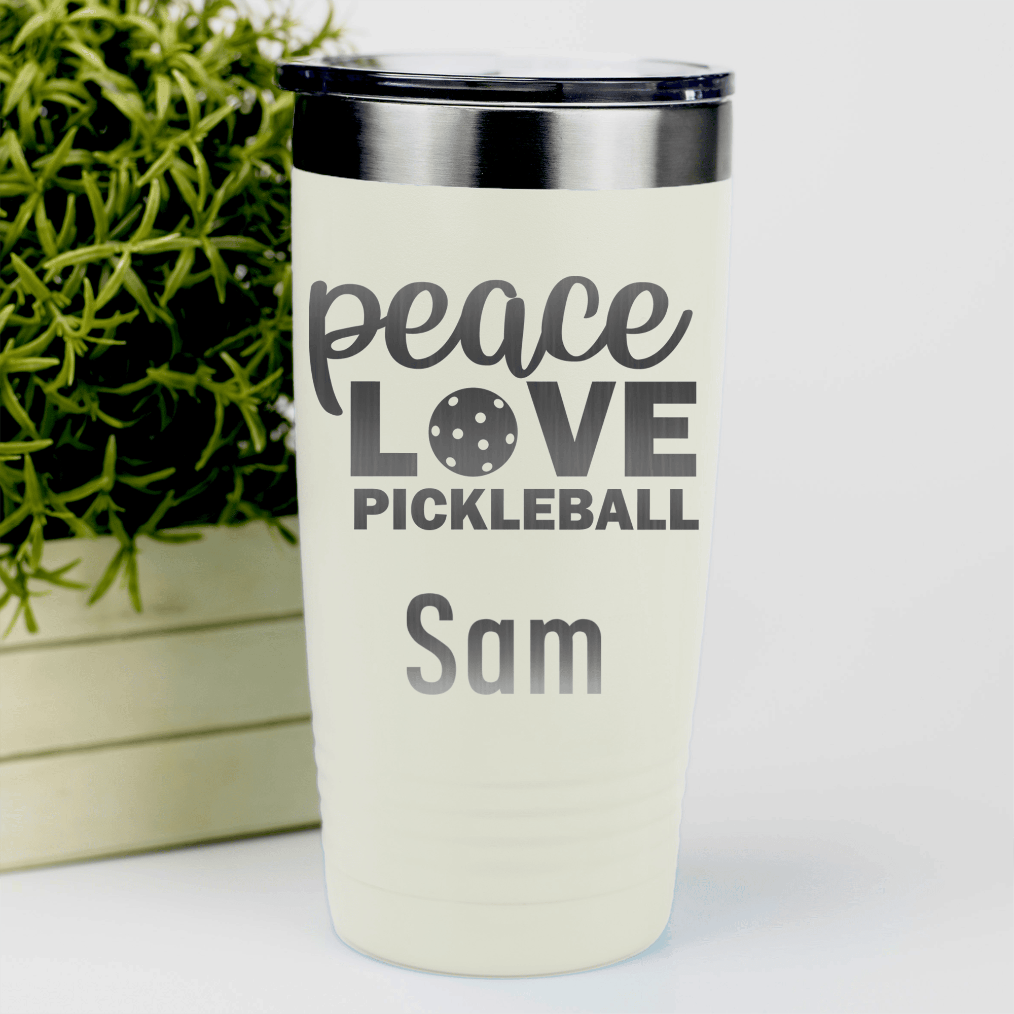 White Pickleball Tumbler With Peace Love Pickleball Design