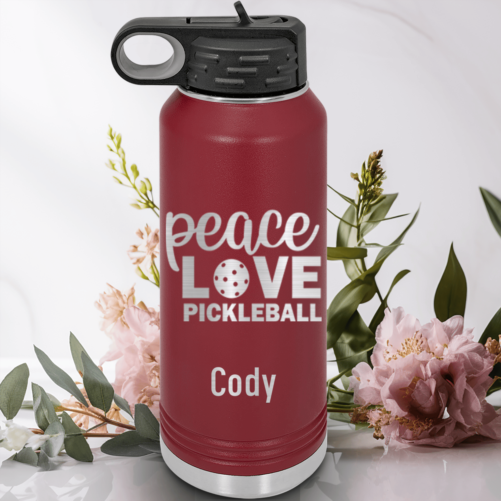 Maroon Pickleball Water Bottle With Peace Love Pickleball Design