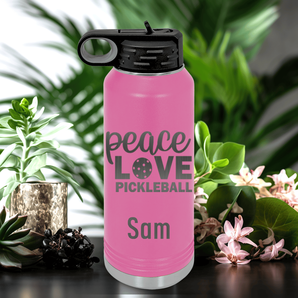 Pink Pickleball Water Bottle With Peace Love Pickleball Design