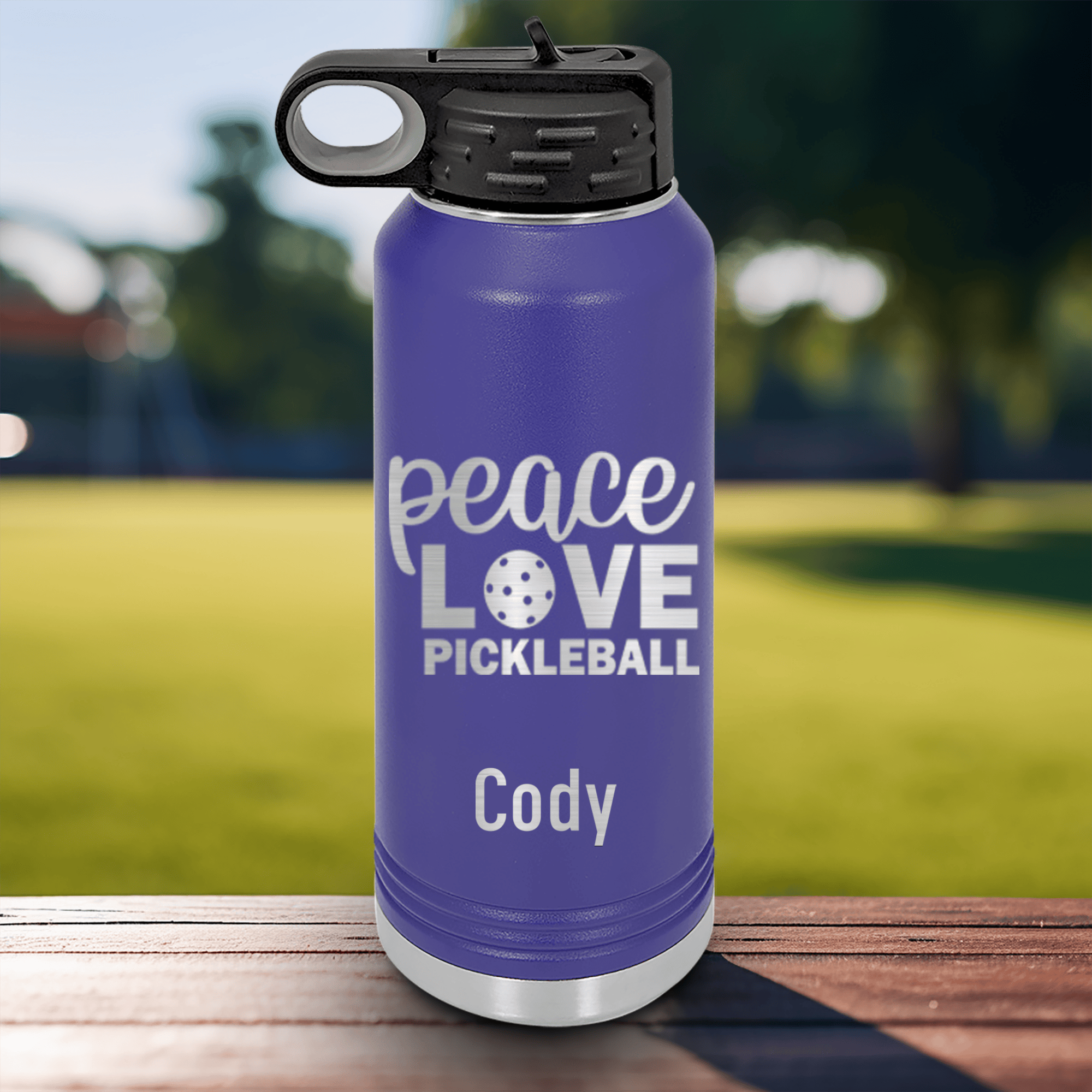 Purple Pickleball Water Bottle With Peace Love Pickleball Design