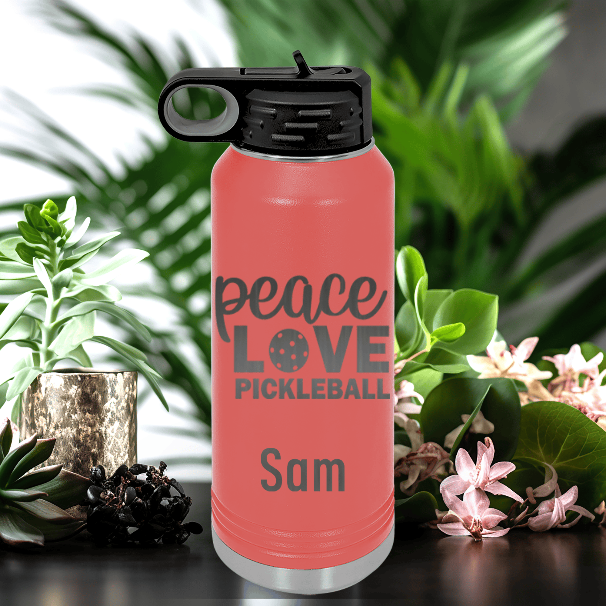 Salmon Pickleball Water Bottle With Peace Love Pickleball Design