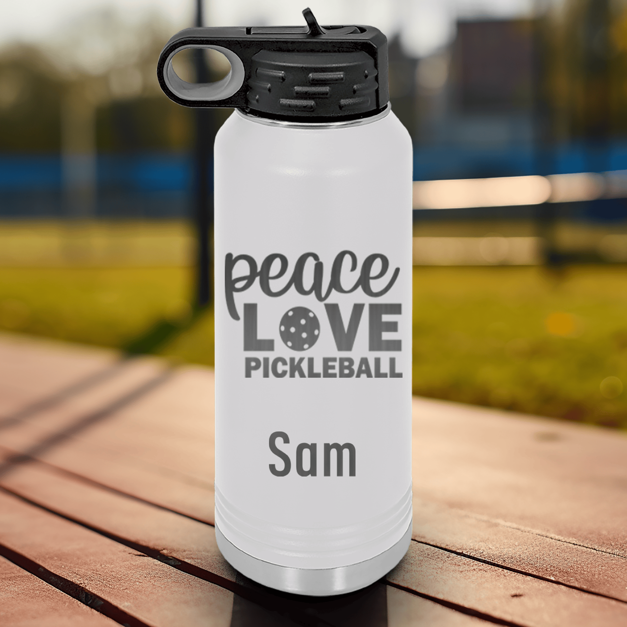 White Pickleball Water Bottle With Peace Love Pickleball Design