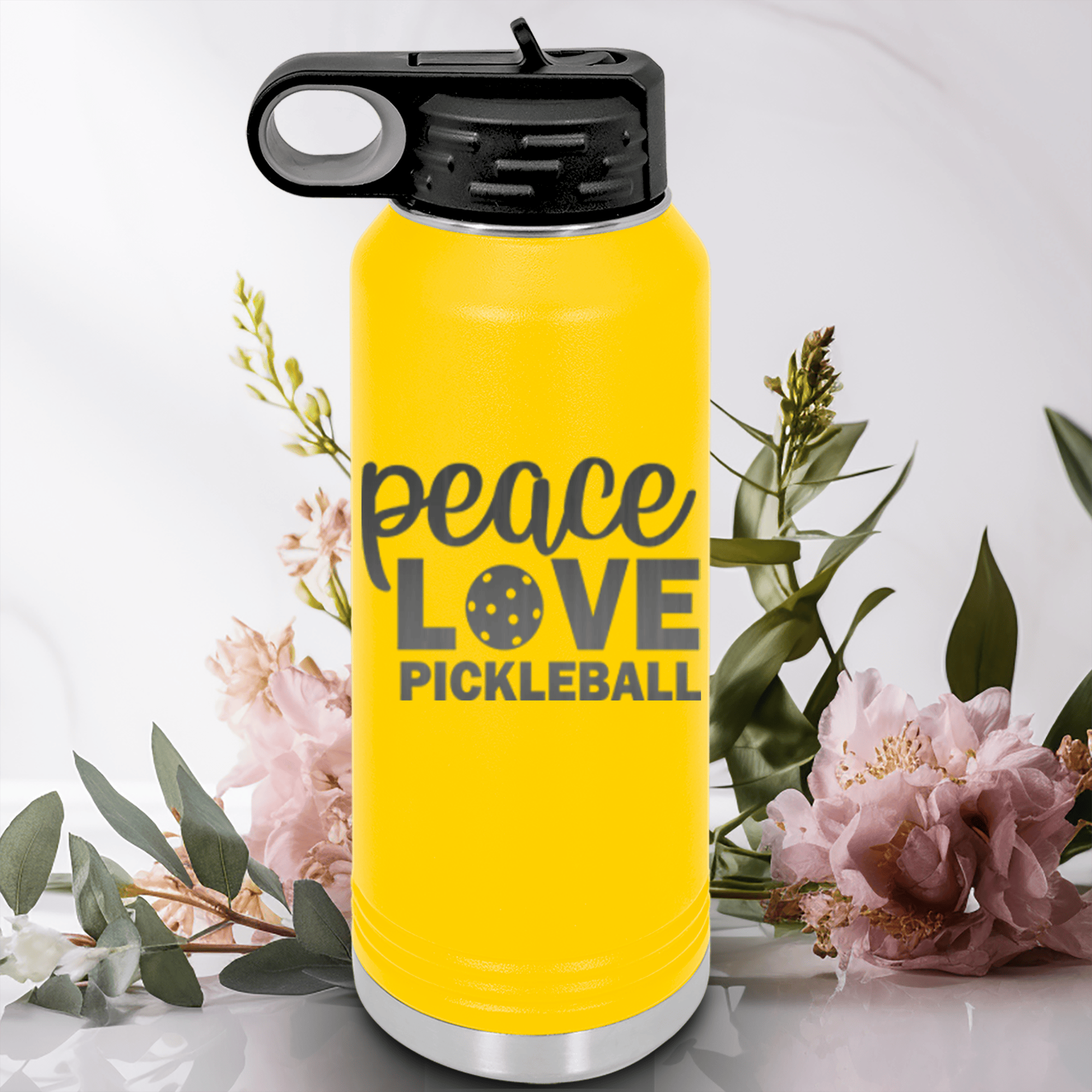 Yellow Pickleball Water Bottle With Peace Love Pickleball Design