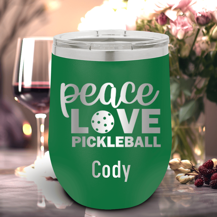 Green Pickleball Wine Tumbler With Peace Love Pickleball Design