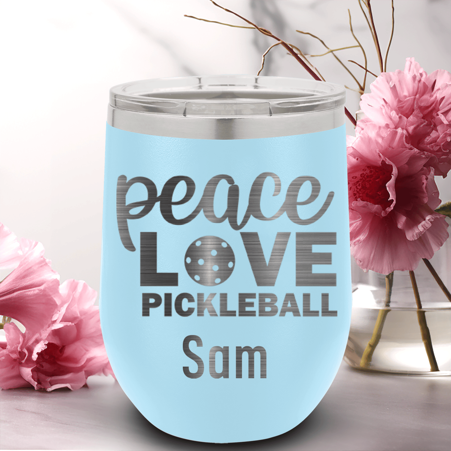 Light Blue Pickleball Wine Tumbler With Peace Love Pickleball Design