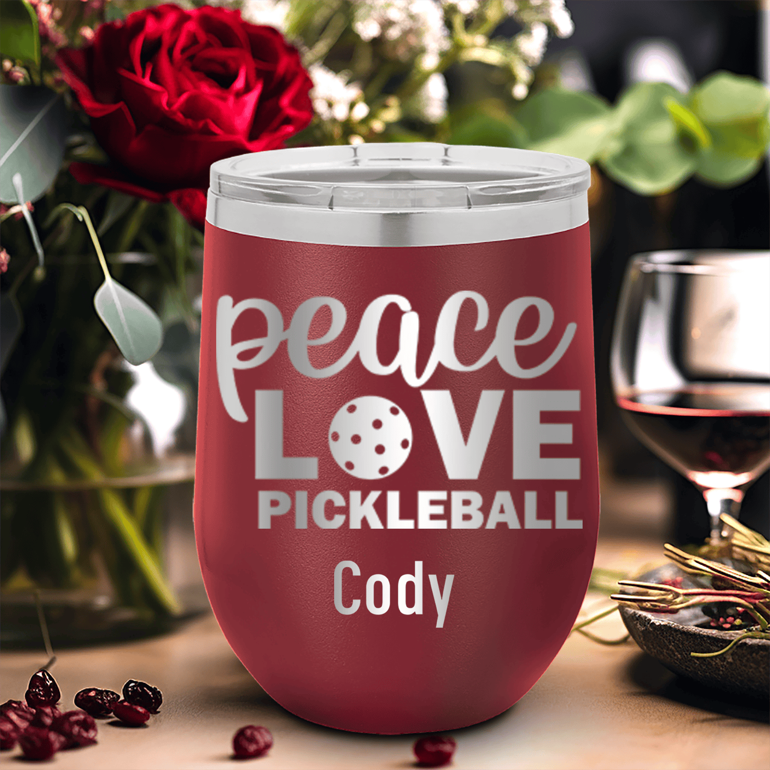 Maroon Pickleball Wine Tumbler With Peace Love Pickleball Design