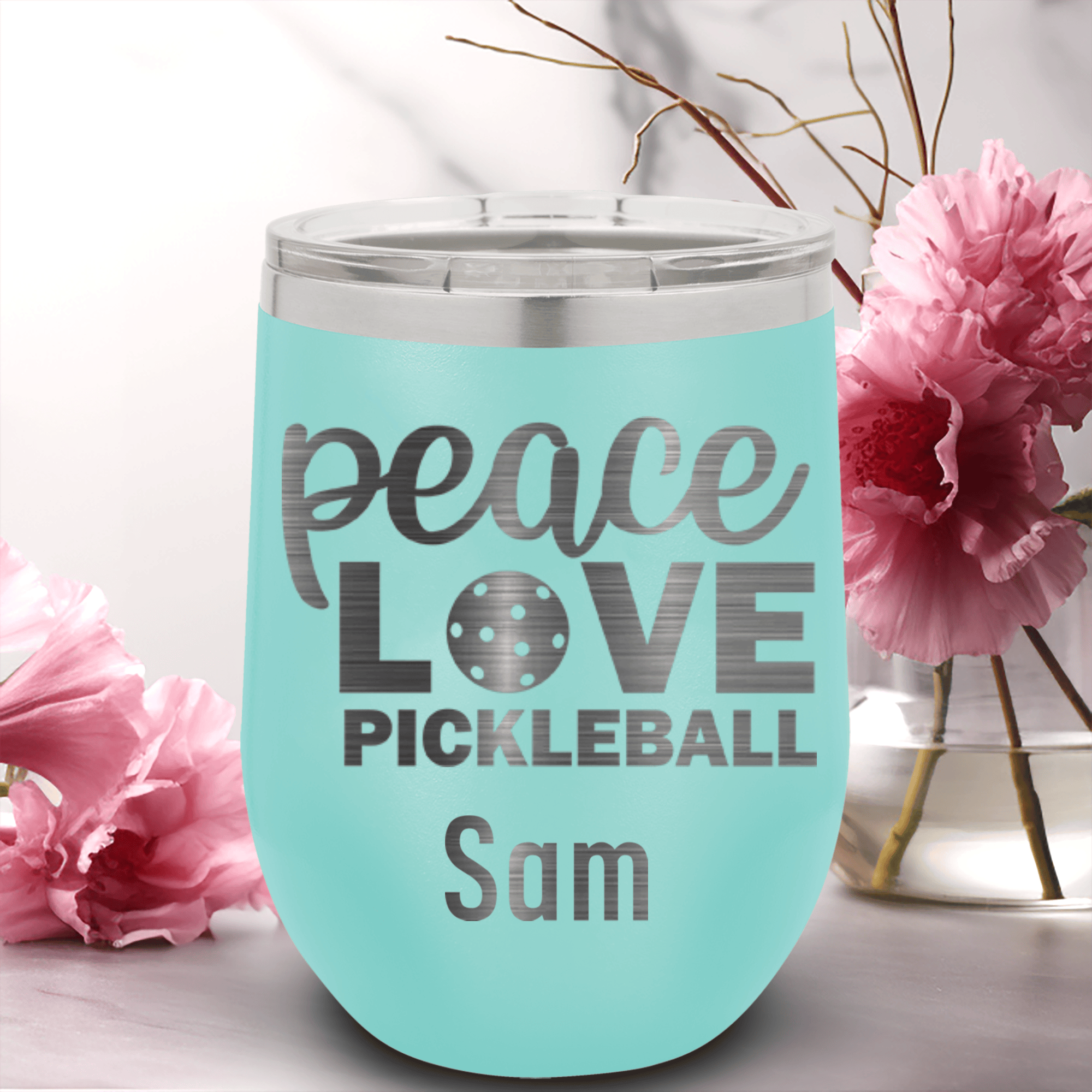 Teal Pickleball Wine Tumbler With Peace Love Pickleball Design