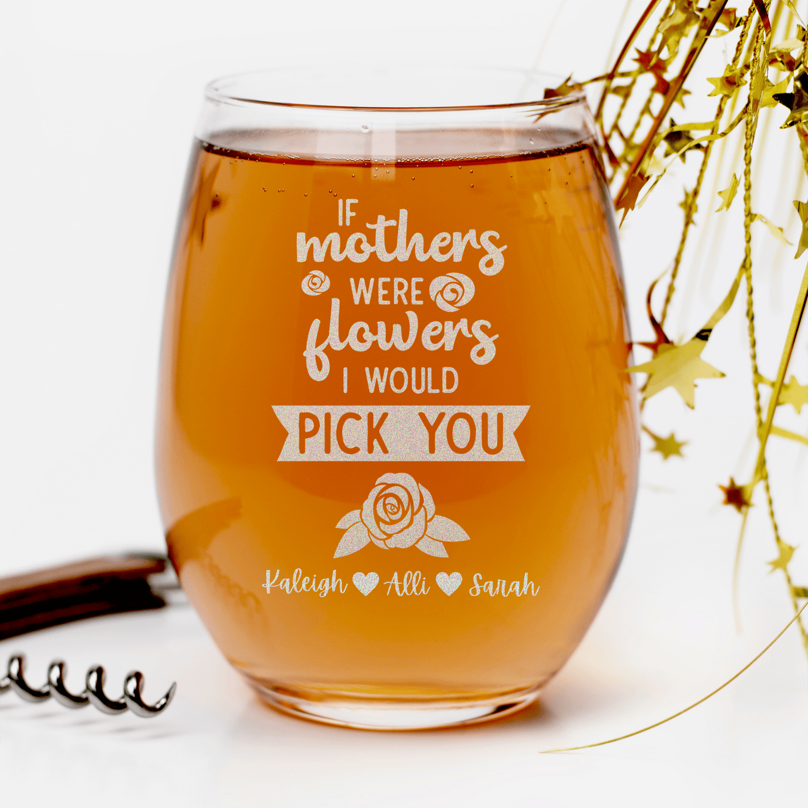 Picking Mom Flowers Stemless Wine Glass