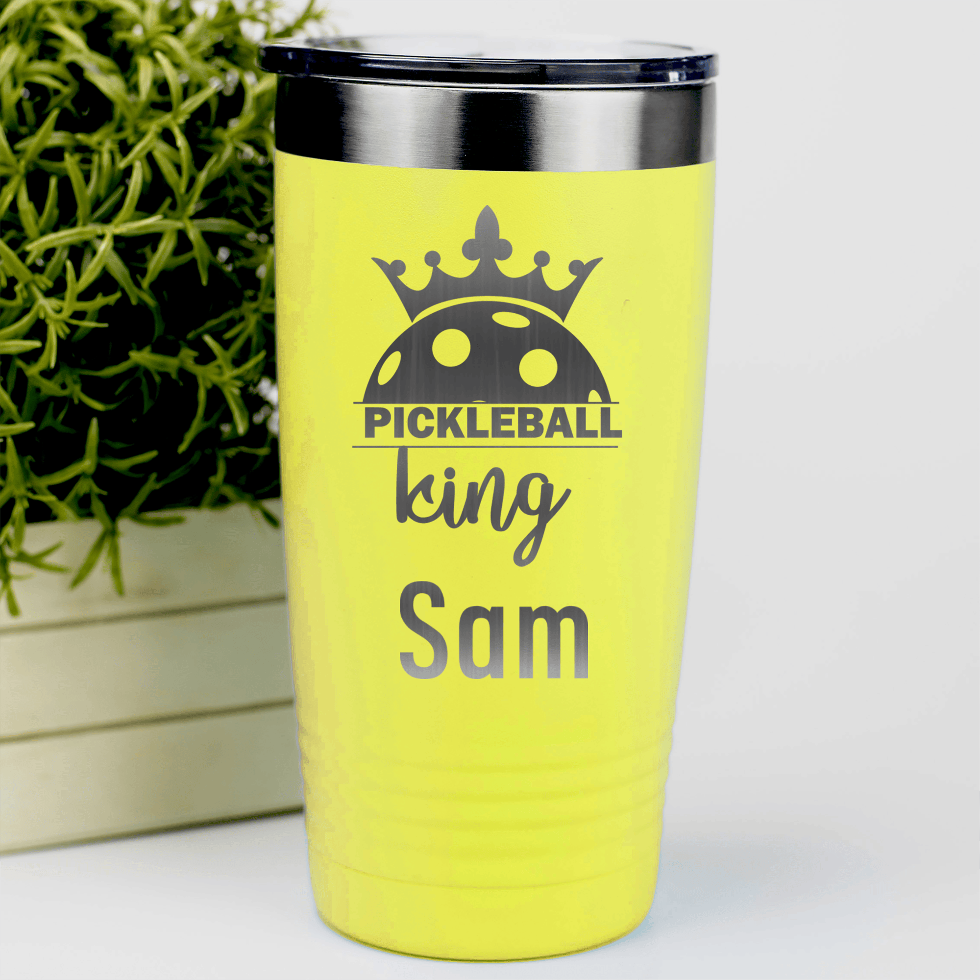 Yellow Pickleball Tumbler With Pickle King Design