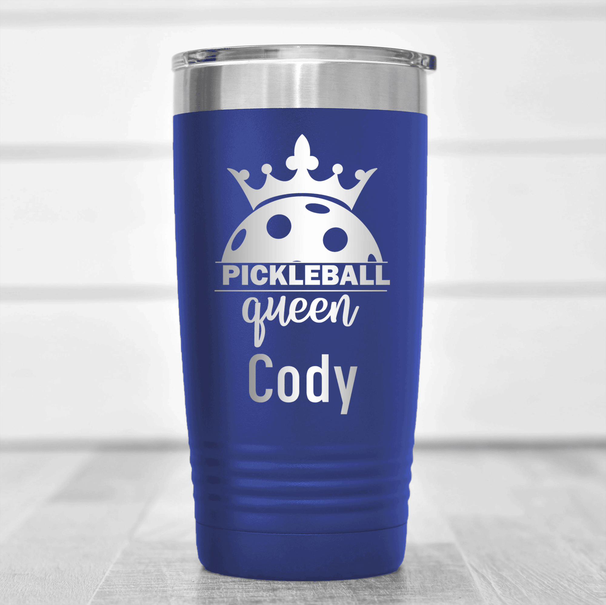 Blue Pickleball Tumbler With Pickle Queen Design