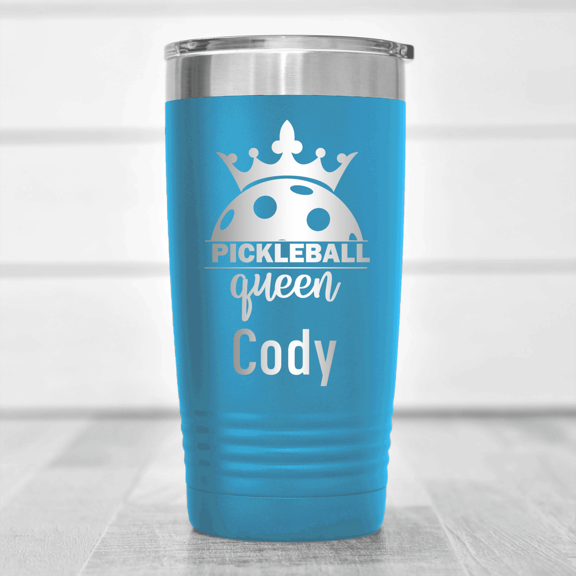 Light Blue Pickleball Tumbler With Pickle Queen Design