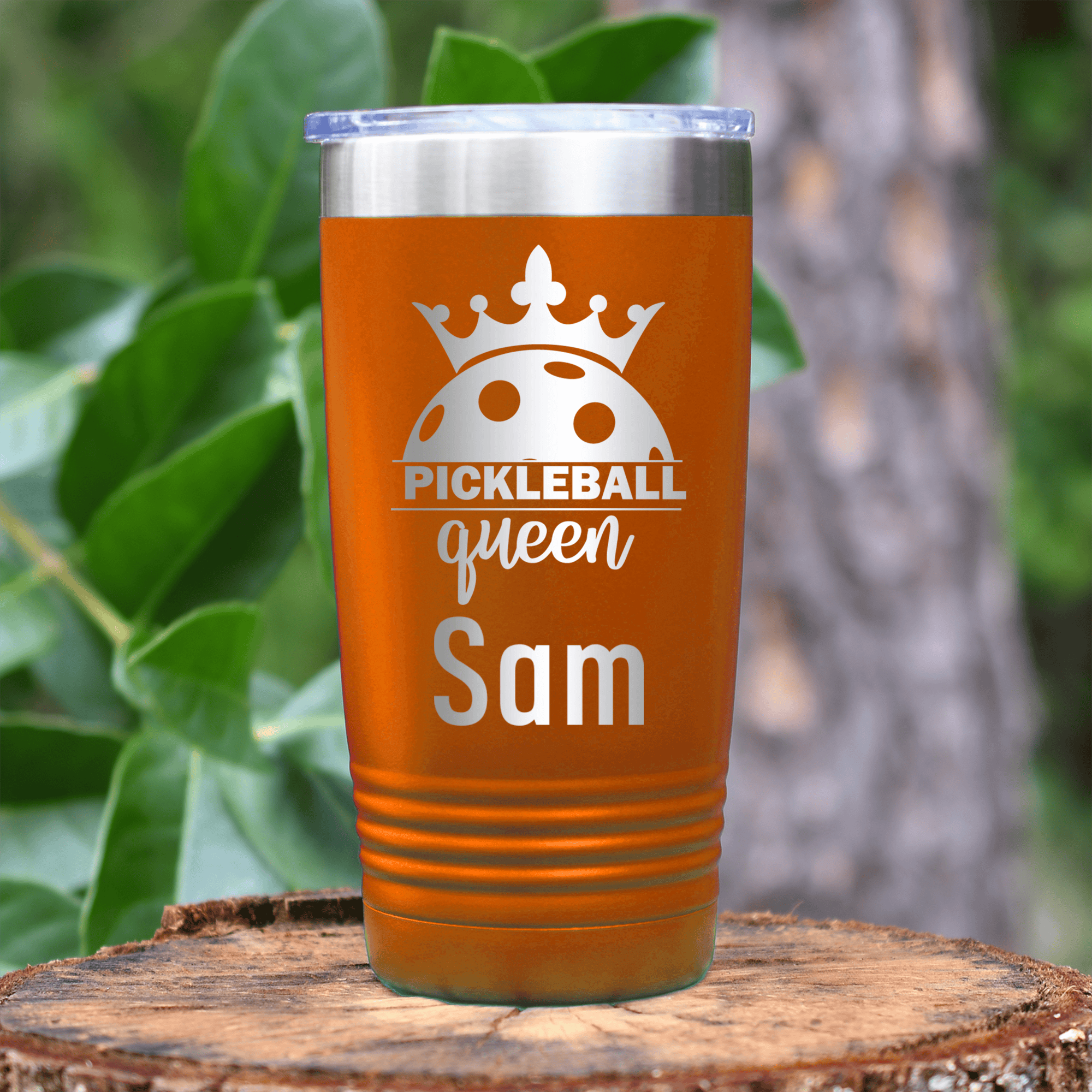 Orange Pickleball Tumbler With Pickle Queen Design