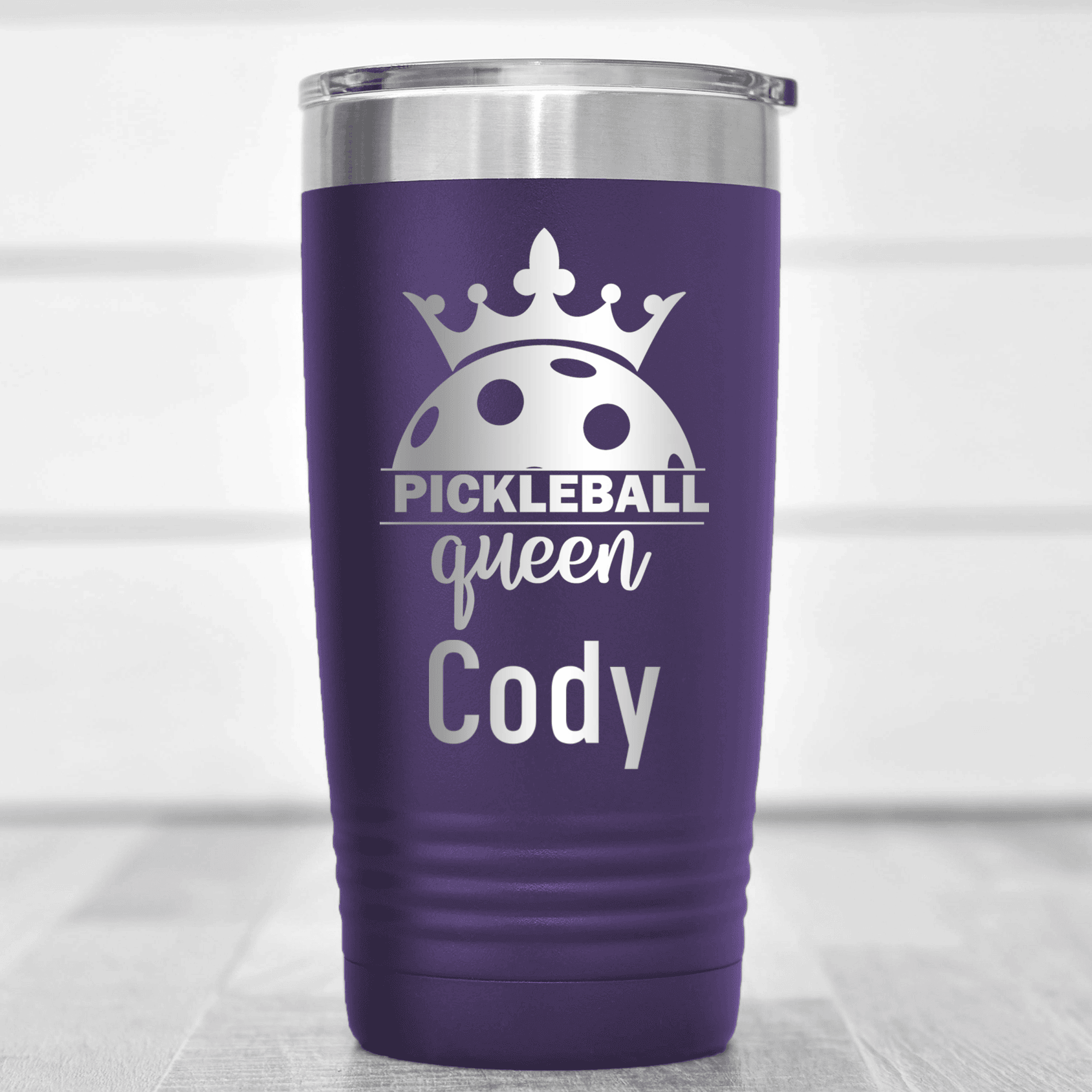 Purple Pickleball Tumbler With Pickle Queen Design